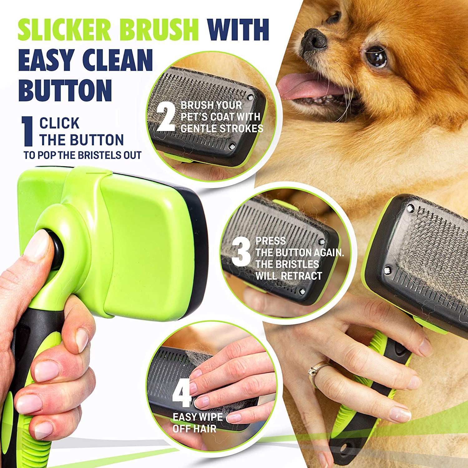 Self Cleaning Slicker Brush- for Dogs, Cats & Pets-One Click Cleaning Function-Gentle & Effective Cat, Pet & Dog Hair Remover-Dog Grooming Accessories for Small, Medium & Large Dogs