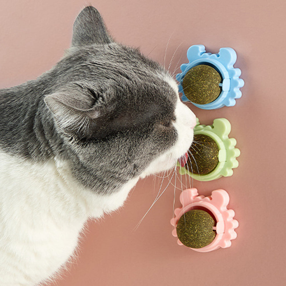 Funny Rotatable Cat Treat Toy with Catnip Self-Adhesive Snack Candy Licking Ball Practical Funny Bite Squeak Bauble